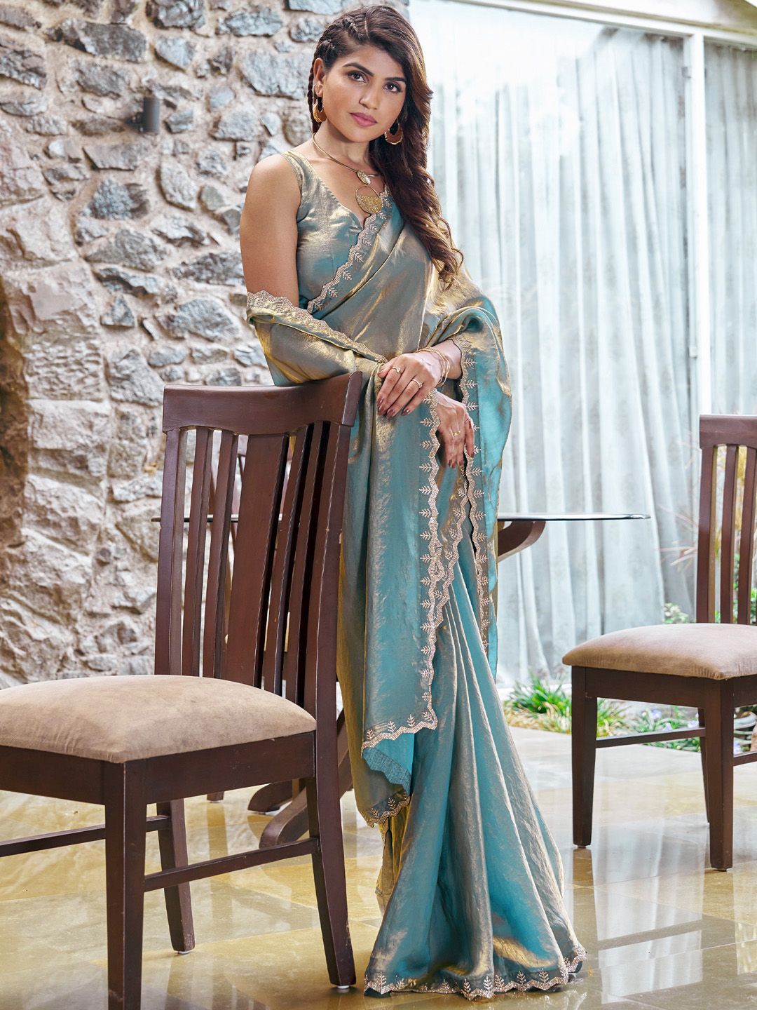 Saree Mall Teal blue Pure Chiffon Embellished Party Wear Saree with Matching Blouse