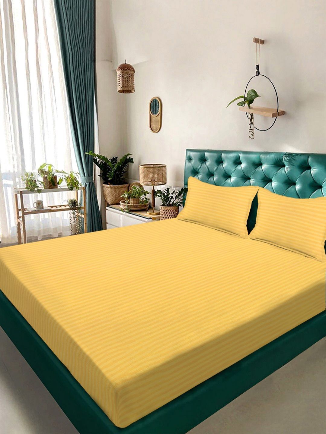 Aura Yellow Striped 300 TC King Bedsheet Set 2.5 m x 2.25 m