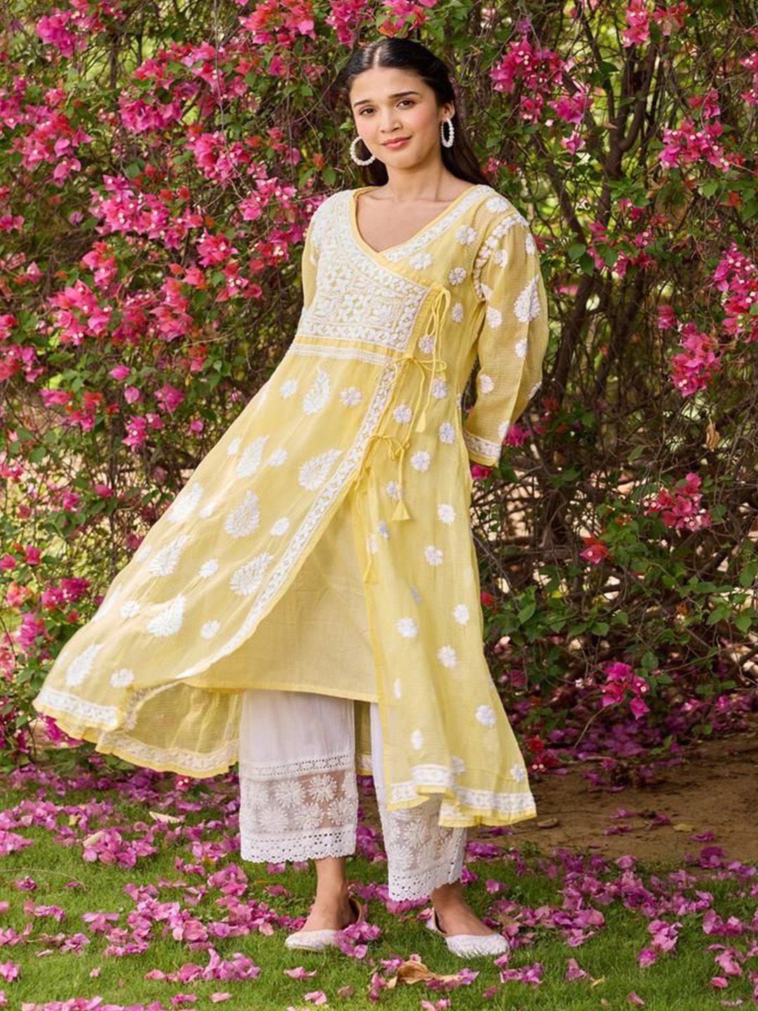 House of Chikankari Women Yellow Kota Chikankari Embroidered Kurta