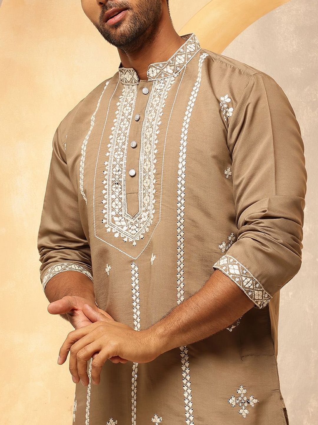 Anouk Geometric Embroidered Mirror Work Cotton Silk Straight  Kurta with Pyjamas