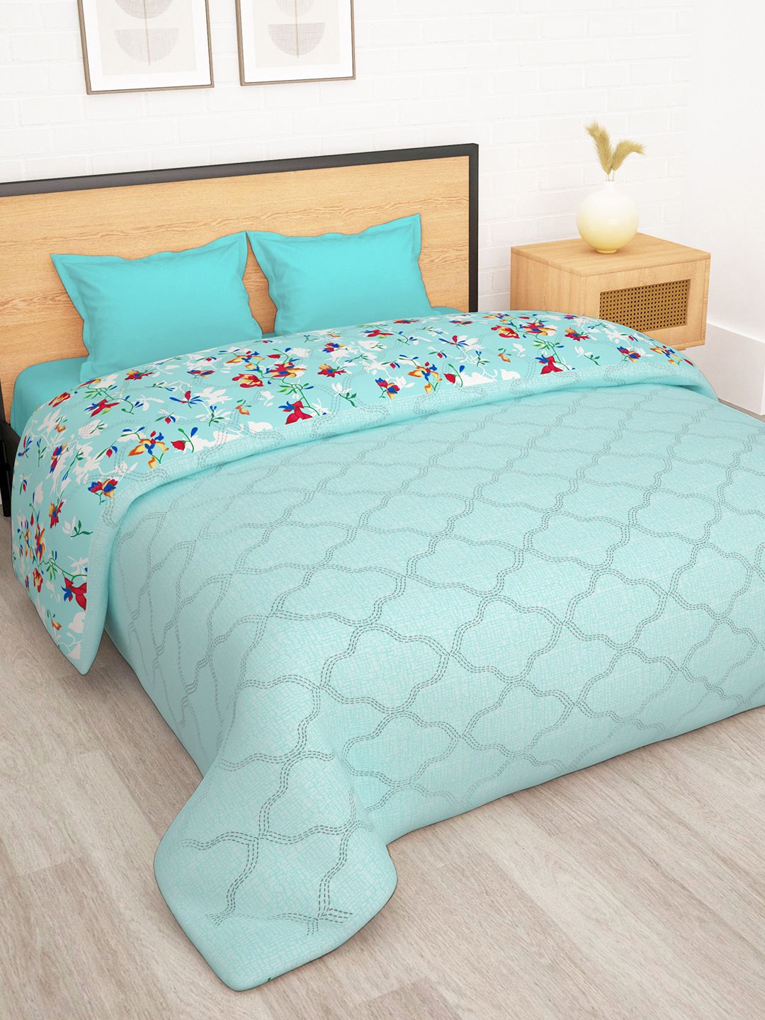 Story@home Turquoise Blue Printed Reversible 120 GSM AC Room Double Bed Comforter