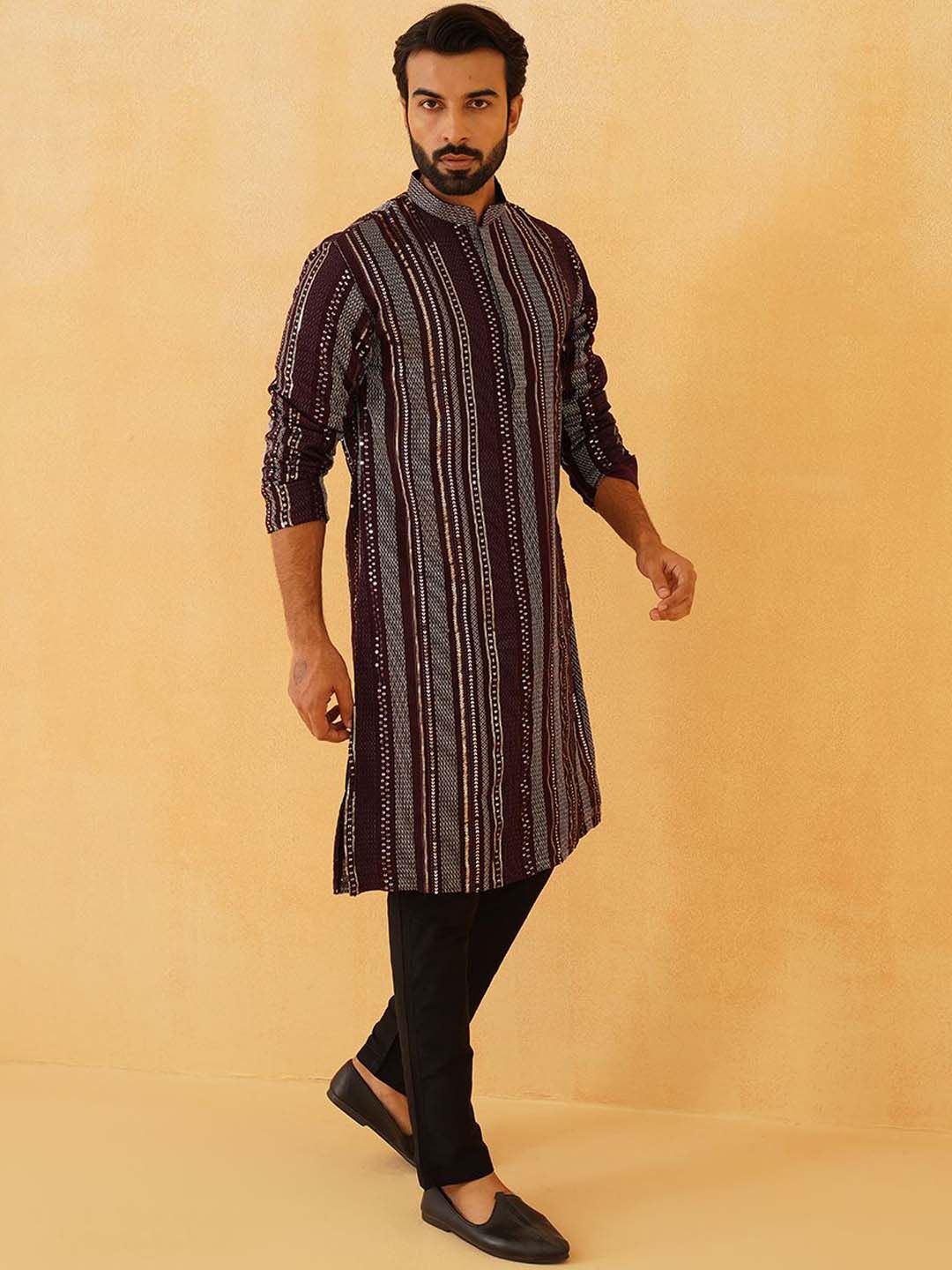 SOJANYA LUXE Striped Embroidered Sequinned Georgette Straight Kurta With Trousers
