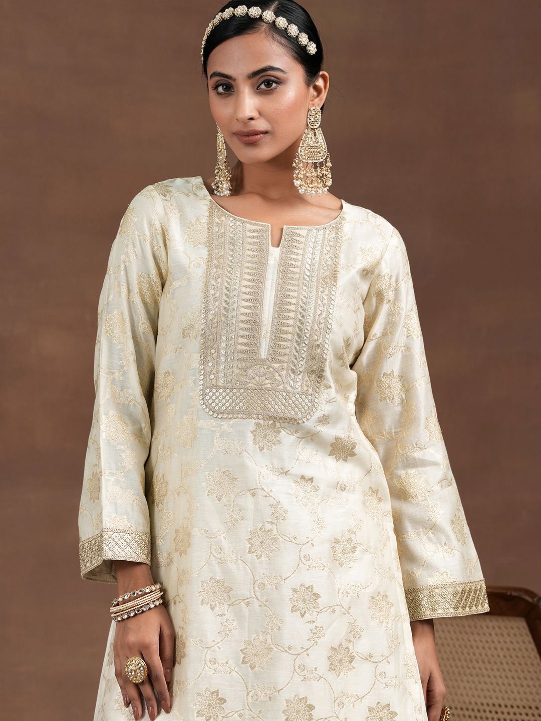 Libas Floral Woven Design Sequinned Straight Kurta With Palazzo & Dupatta