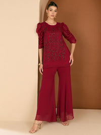 Antheaa Embellished Round Neck Top With Palazzo