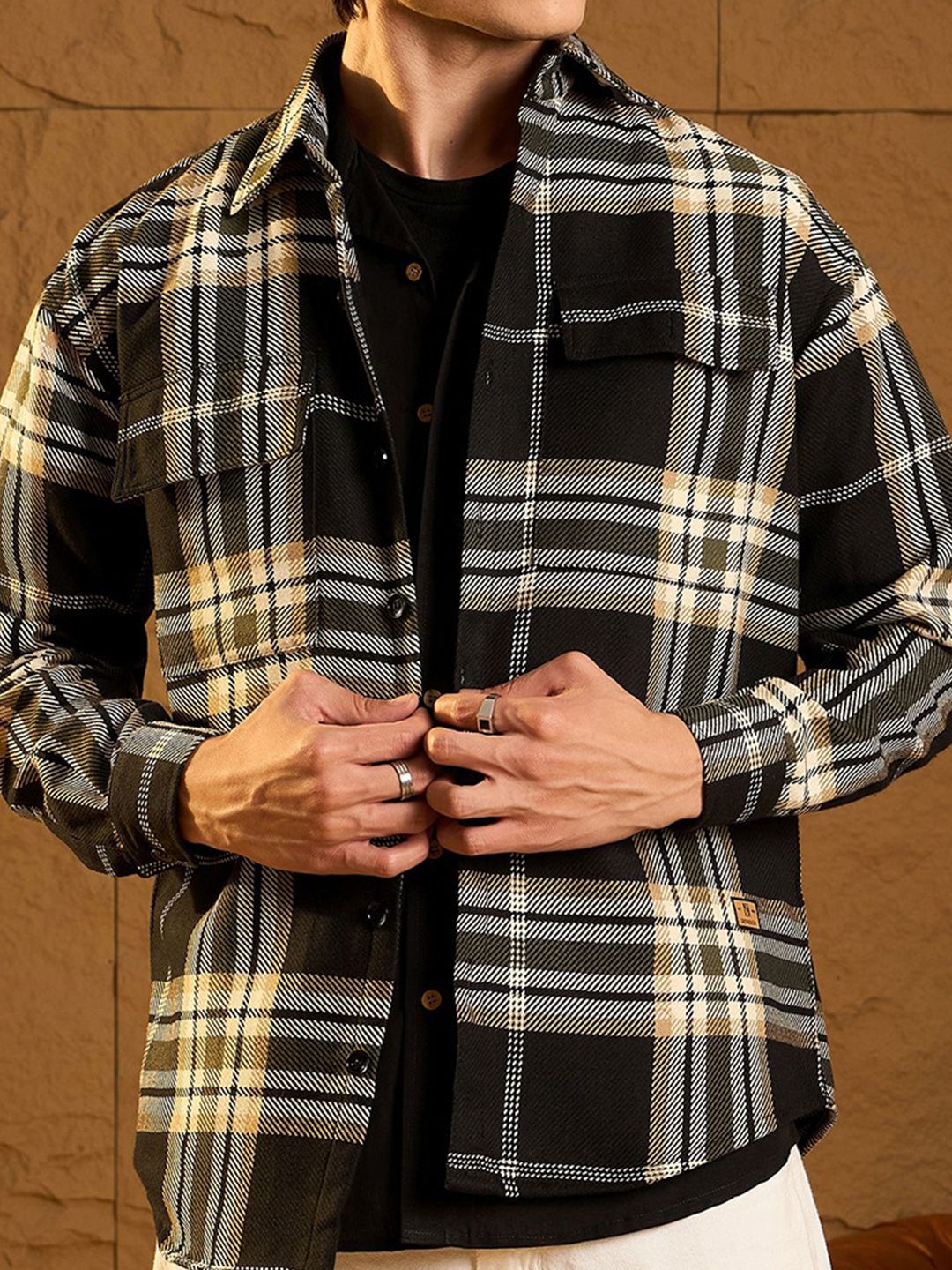 DENNISON Men Double Pocket Drop Shoulder Oversized Cotton Checked Shacket