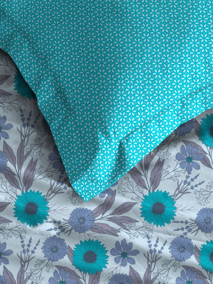 MYTRIDENT Sunflower Blue Comfort Living Flat 120TC Queen Cotton Bedsheet Set