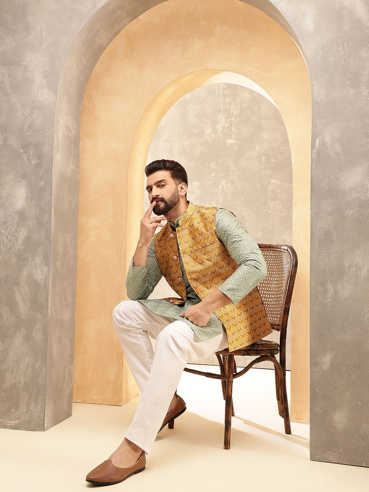 Anouk Olive Geometric Embroidered Straight Kurta With Pyjamas And Nehru Jacket