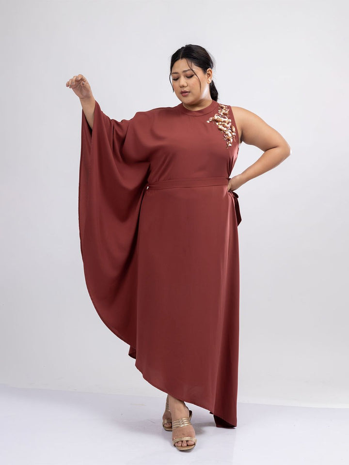 Mamicha Solid Flared Sleeve Crepe Empire Maxi Dress
