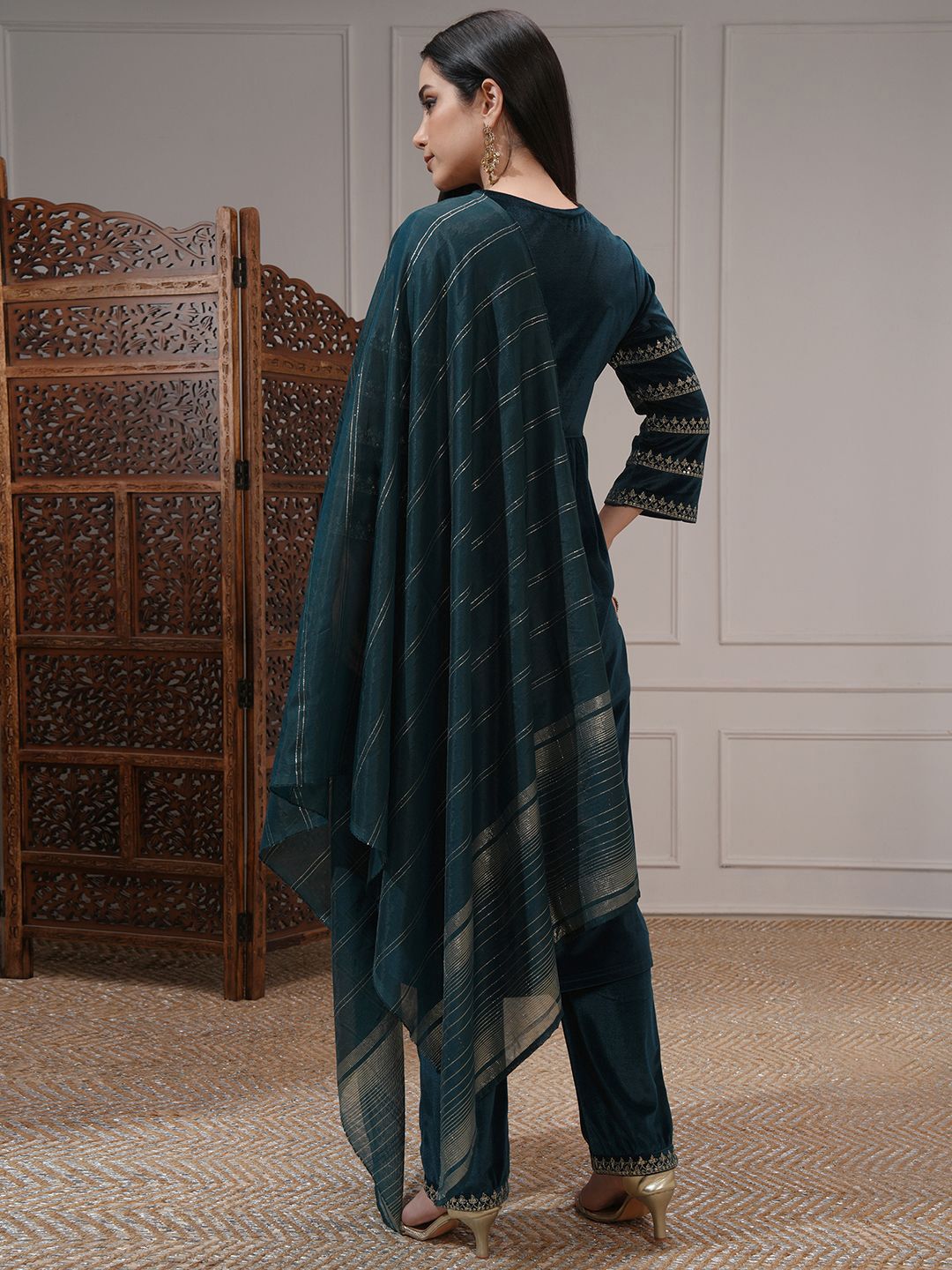 Vishudh Women Embroidered Velvet Gathe Kurta with Slim Palazzo & Dupatta
