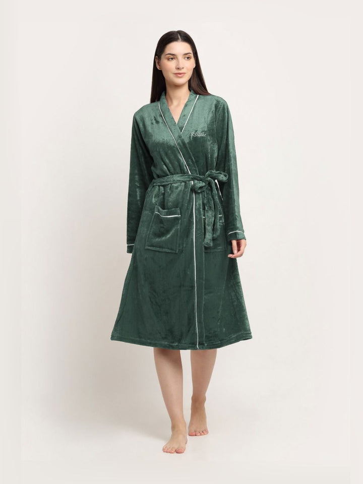 KLOTTHE Green Woollen Bath Robe With Belt