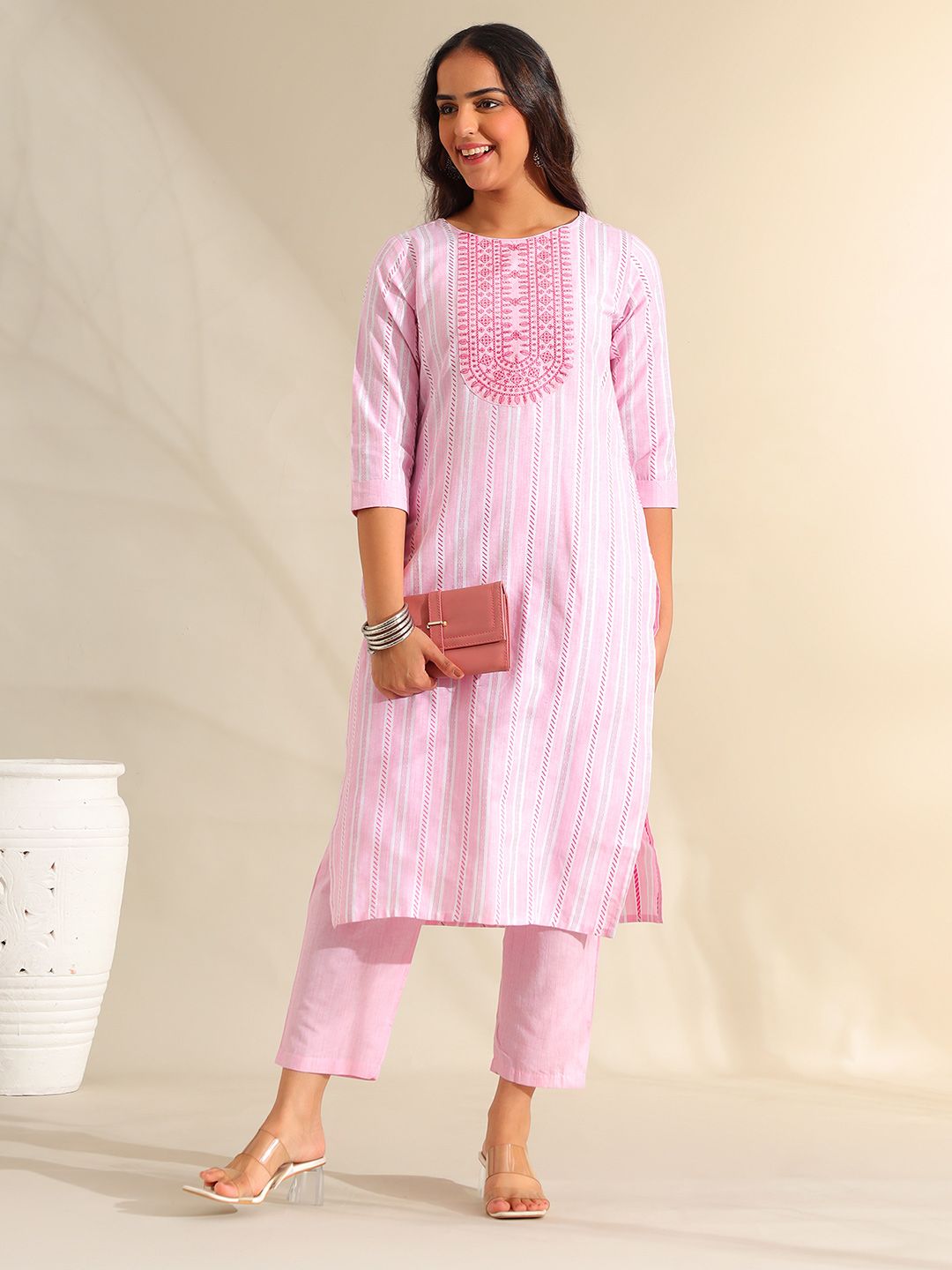 Mamicha Women Striped Regular Thread Work Pure Cotton Kurta with Trousers