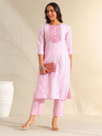 Mamicha Women Striped Regular Thread Work Pure Cotton Kurta with Trousers