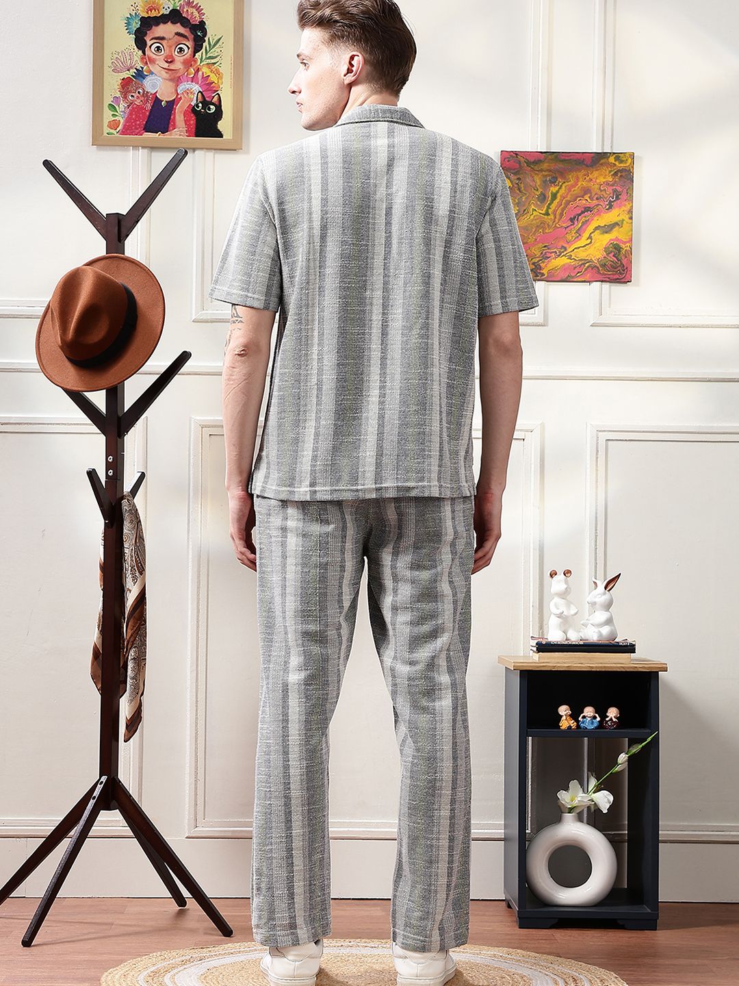 Eszett Striped Jacquard Spread Collar Pure Cotton Shirt With Trousers Co-Ord Set