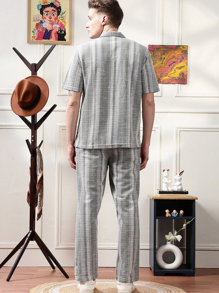 Eszett Striped Jacquard Spread Collar Pure Cotton Shirt With Trousers Co-Ord Set