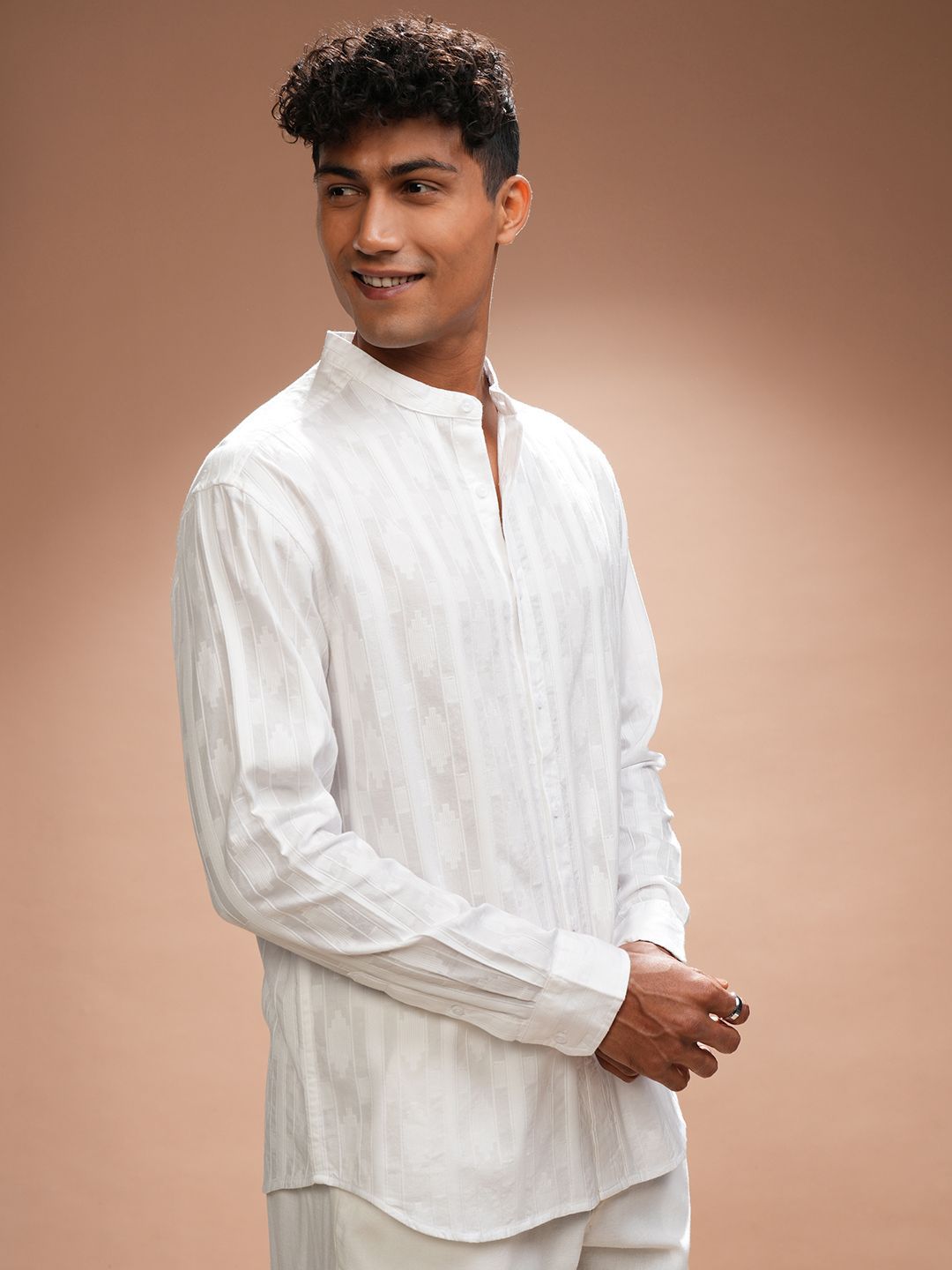 HIGHLANDER Men Comfort Relaxed Fit Band Collar Textured Cotton Casual Shirt