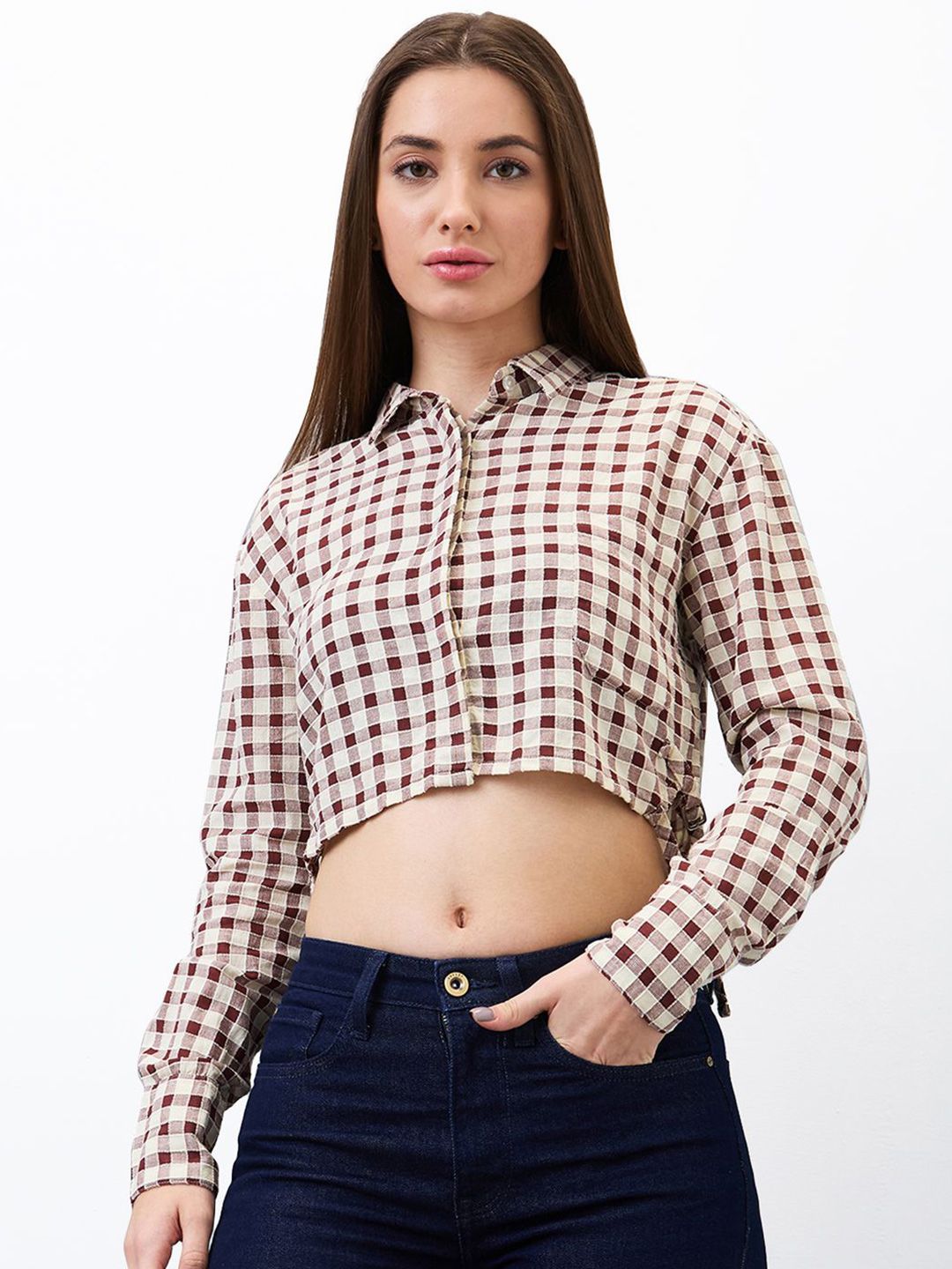 SPYKAR Women Regular Fit Spread Collar Gingham Checked Cotton Crop Shirt