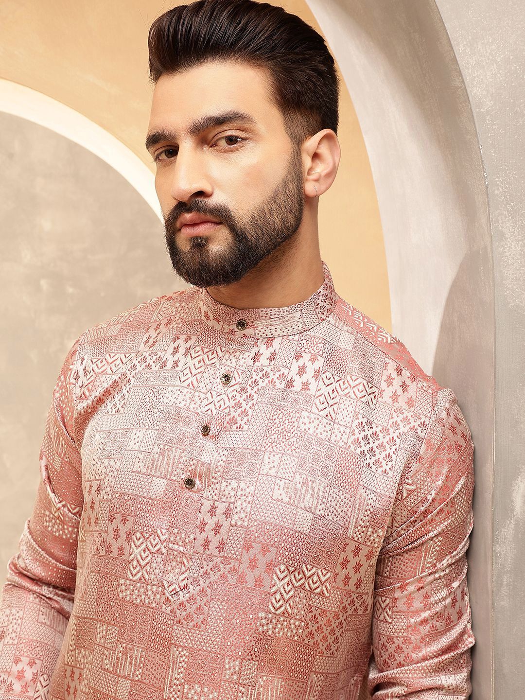 SOJANYA Ethnic Motifs Printed Band Collar Jacquard Silk Straight Kurta