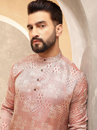 SOJANYA Ethnic Motifs Printed Band Collar Jacquard Silk Straight Kurta