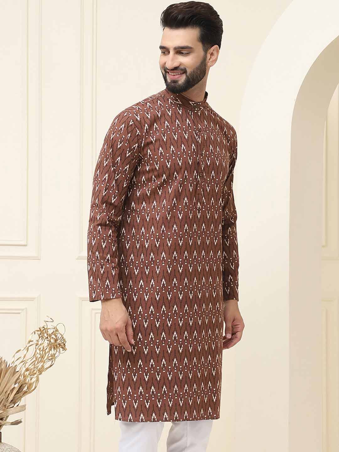 SOJANYA Motif Etnik Bercetak Kolar Jalur Biasa Kapas Tulen Kurta Lurus