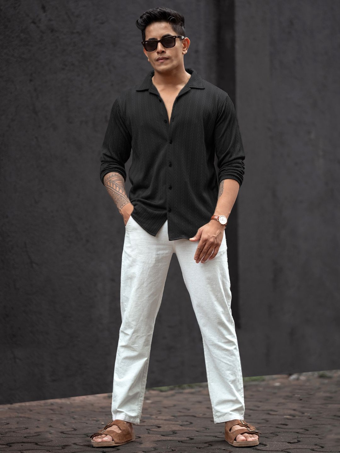Powerlook Men Cuban Collar Textured Cotton Relaxed Fit Casual Shirt