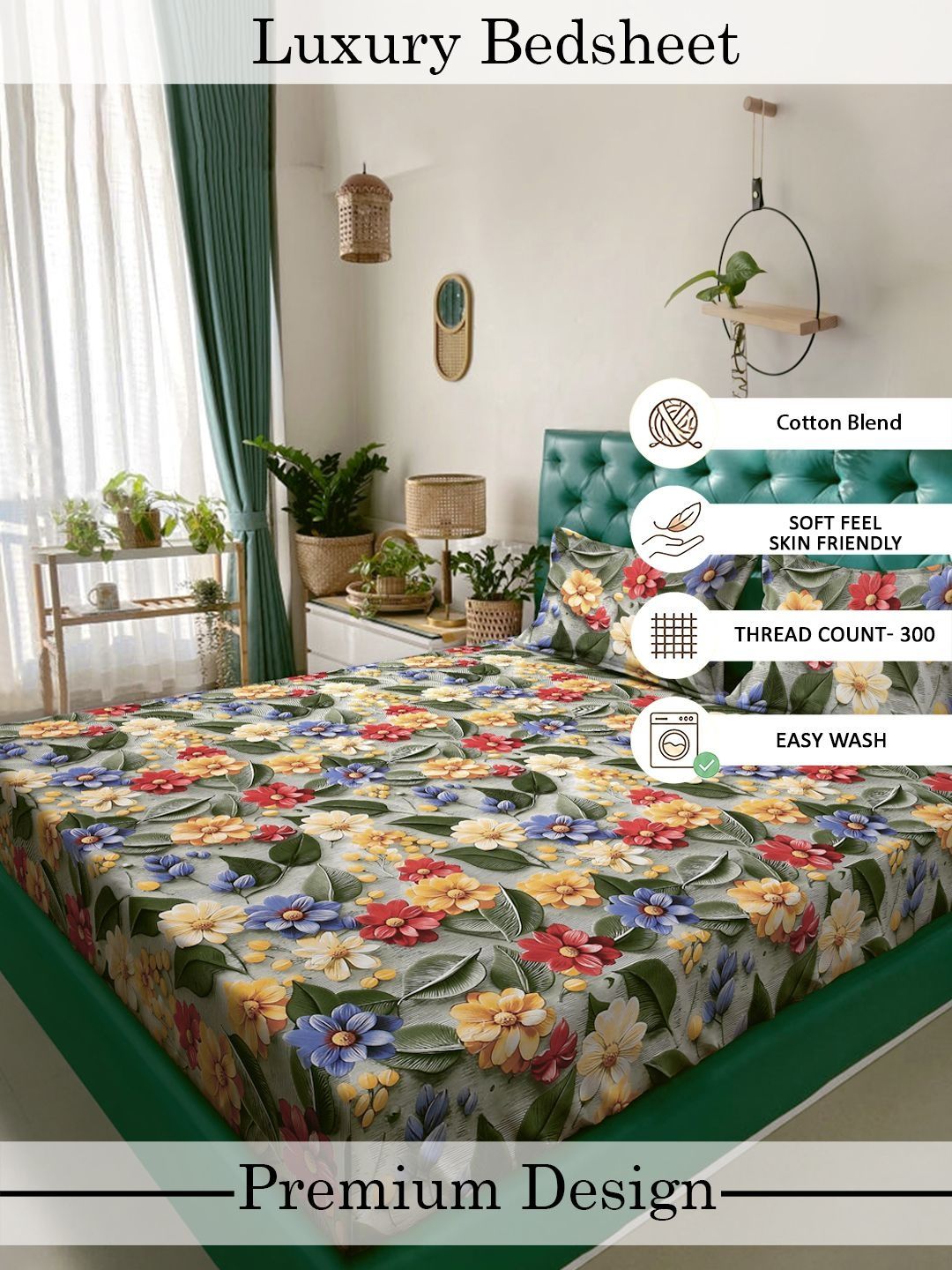 Myntra Elegant Homes Green Floral 300 TC King Cadar dengan 2 Sarung Bantal