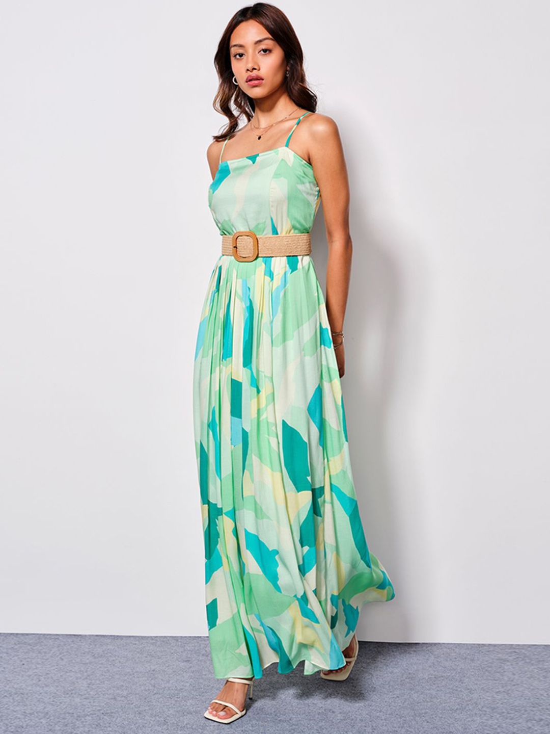 AND Women Tropical Print Shoulder Straps Sleeveless Maxi Dress
