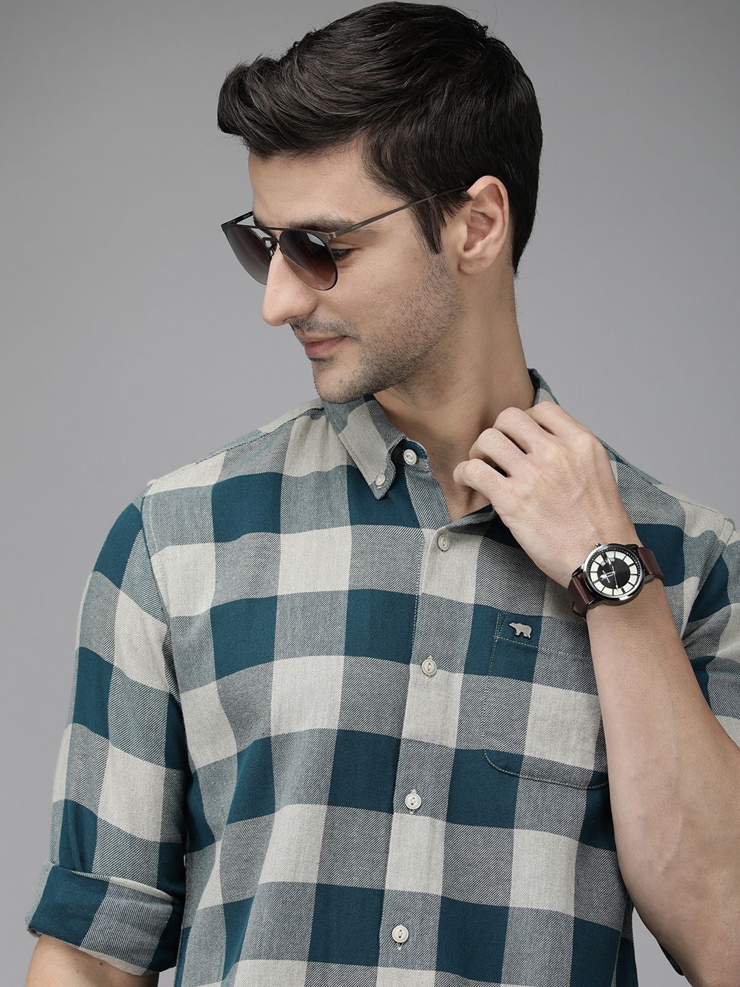 THE BEAR HOUSE Men Teal Blue Pure Cotton Checked Slim Fit Flannel Shirt