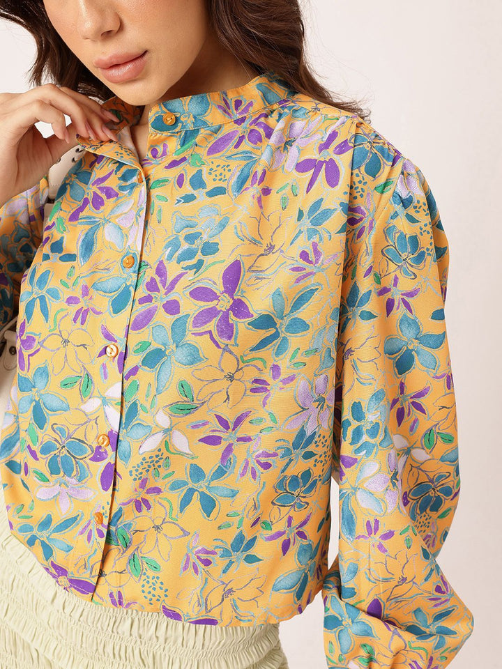 DressBerry Elegant Blooming Printed Gathers Boxy Casual Shirt