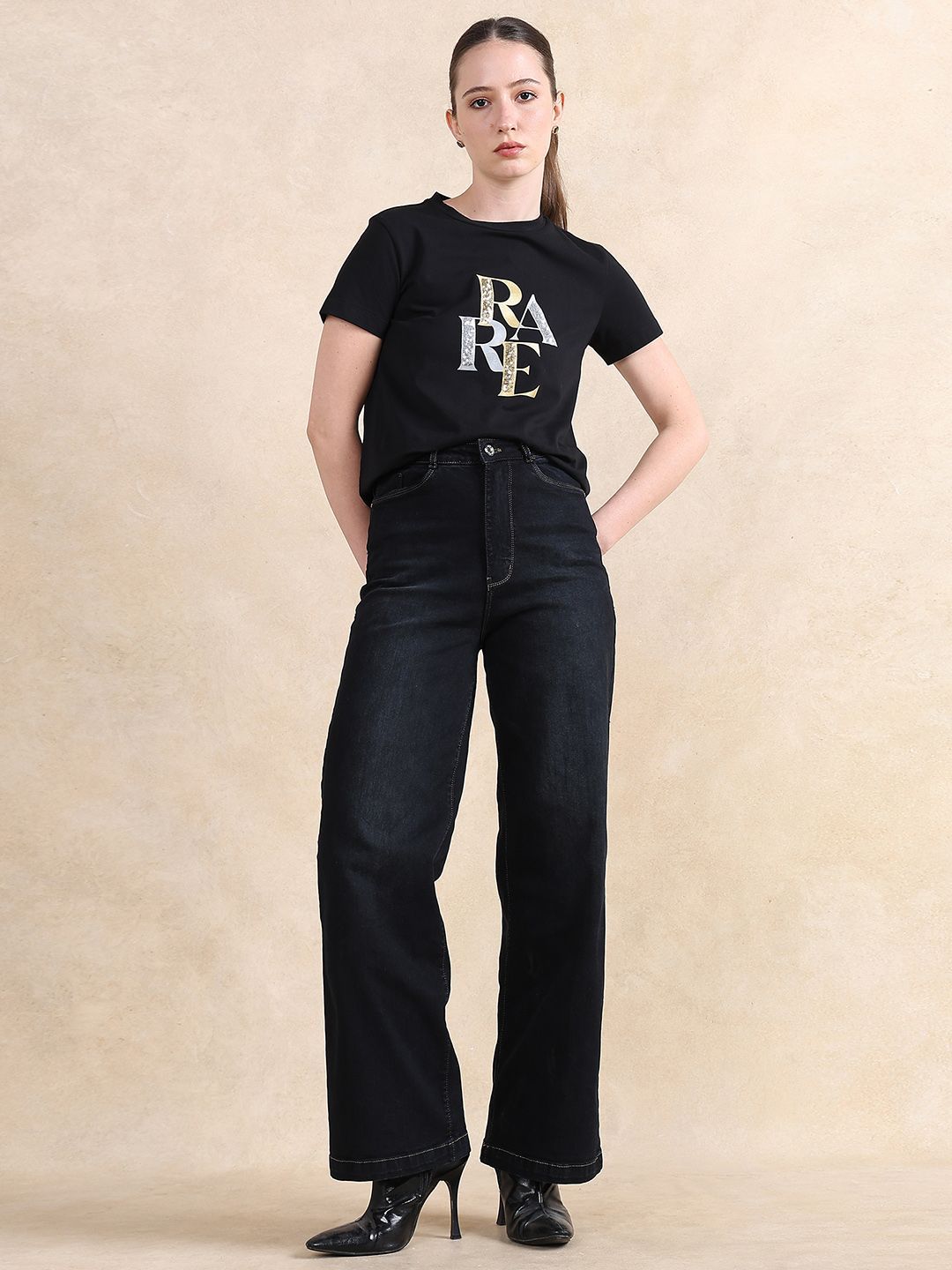Rareism Wanita tipografi dicetak t-shirt kapas leher bulat
