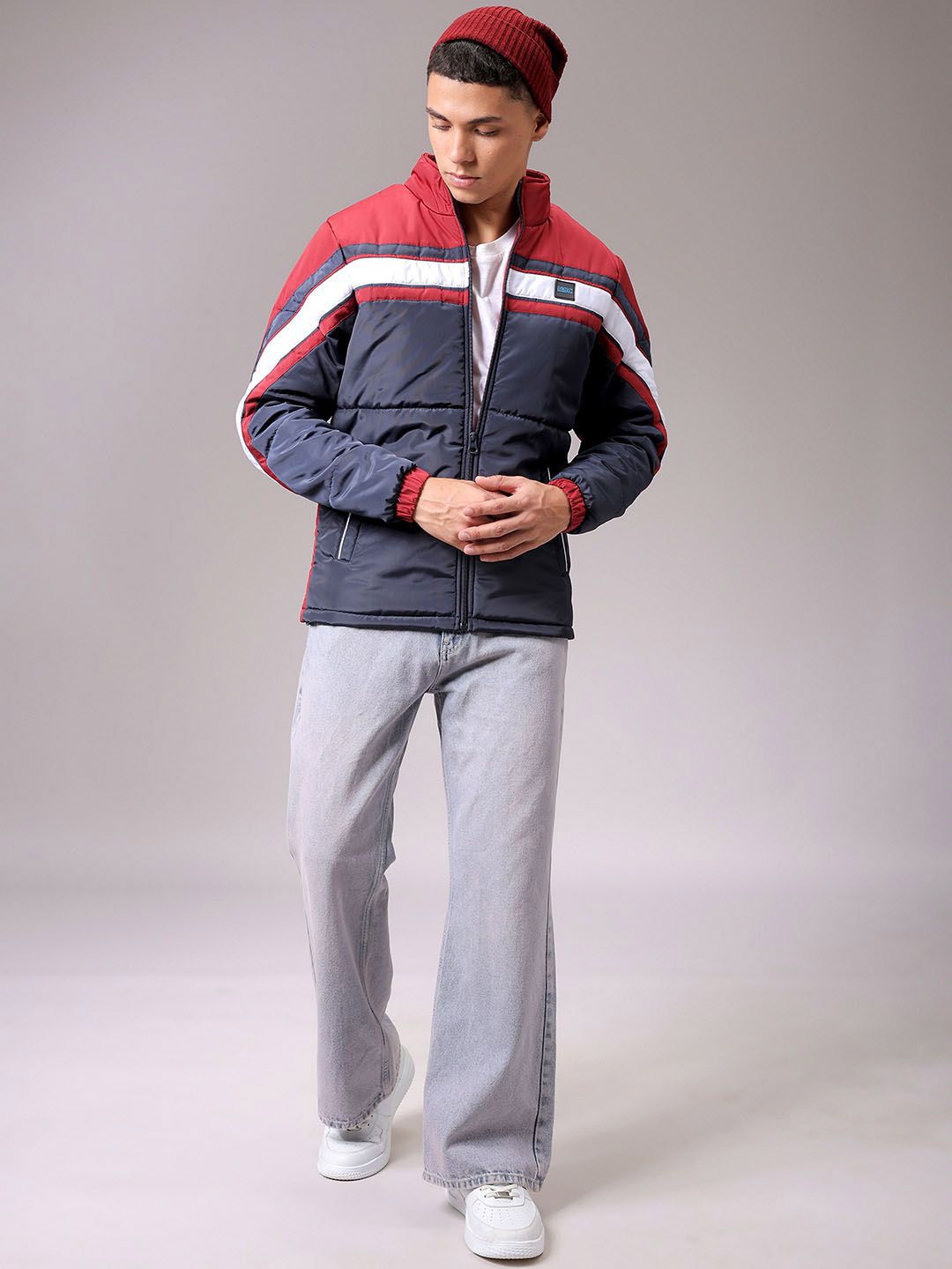 The Indian Garage Co Men High Neck Colourblocked Puffer Jacket