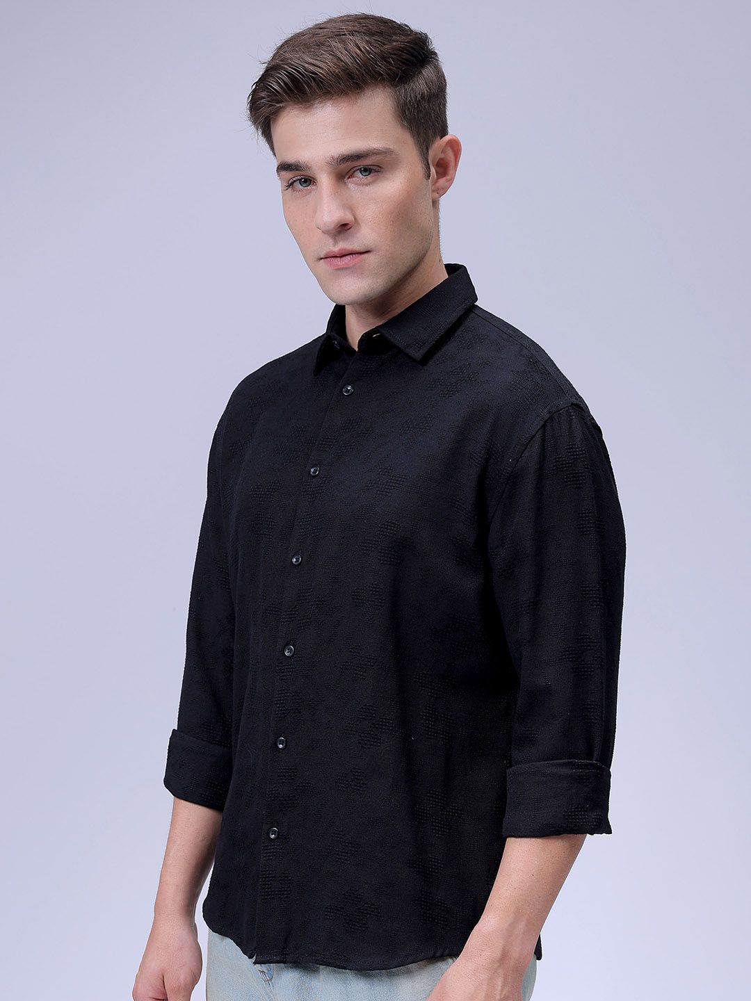 The Indian Garage Co Relaxed Fit Spread Collar Textured Cotton Casual Shirt