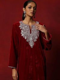 House of Chikankari Women Maroon Velvet Tilla Embroidered Kurta Set