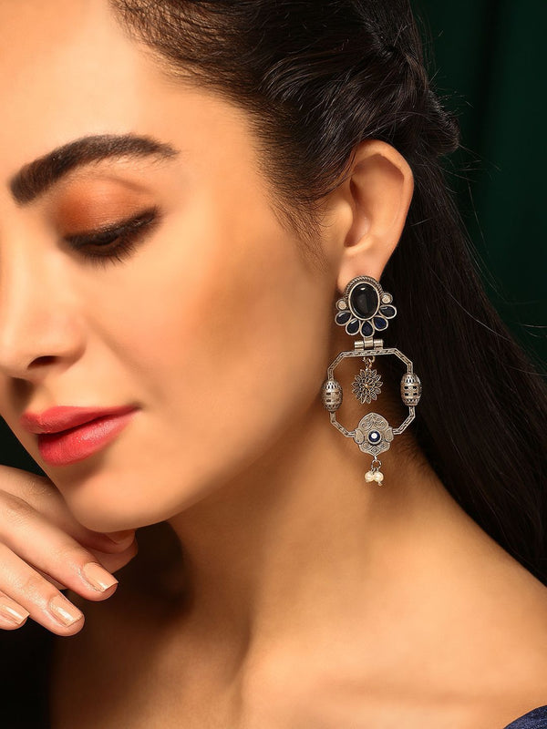 Priyaasi Silver-Plated Contemporary Stone Studded & Beaded Oxidised Kemp Drop Earrings