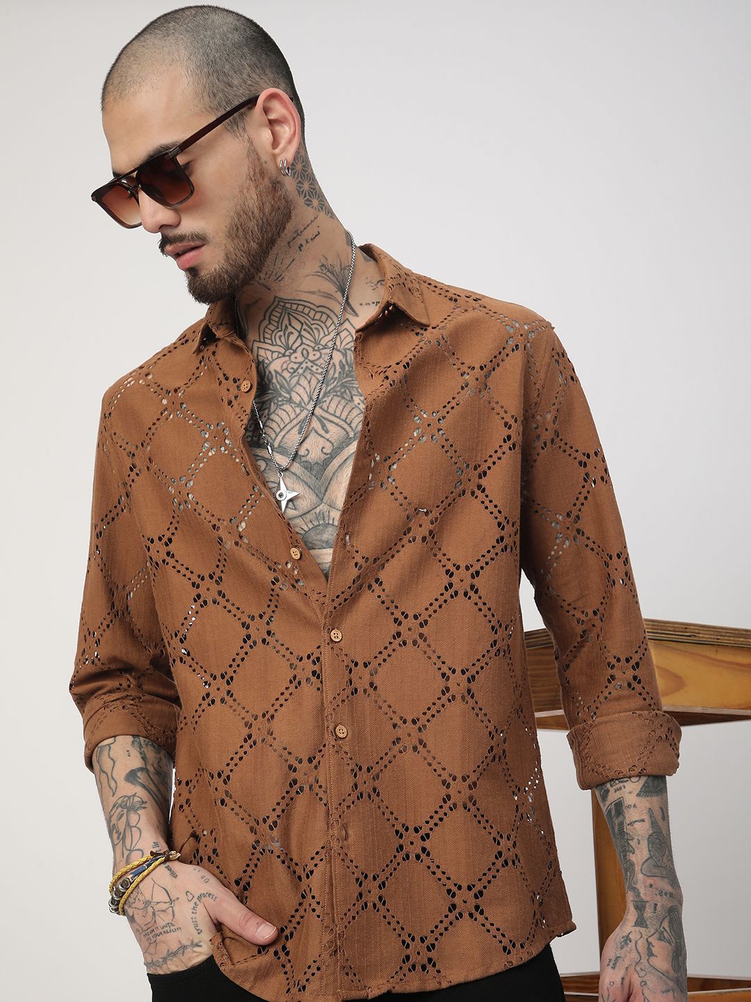 VASTRADO Men Classic Slim Fit Spread Collar Textured Cotton Casual Shirt