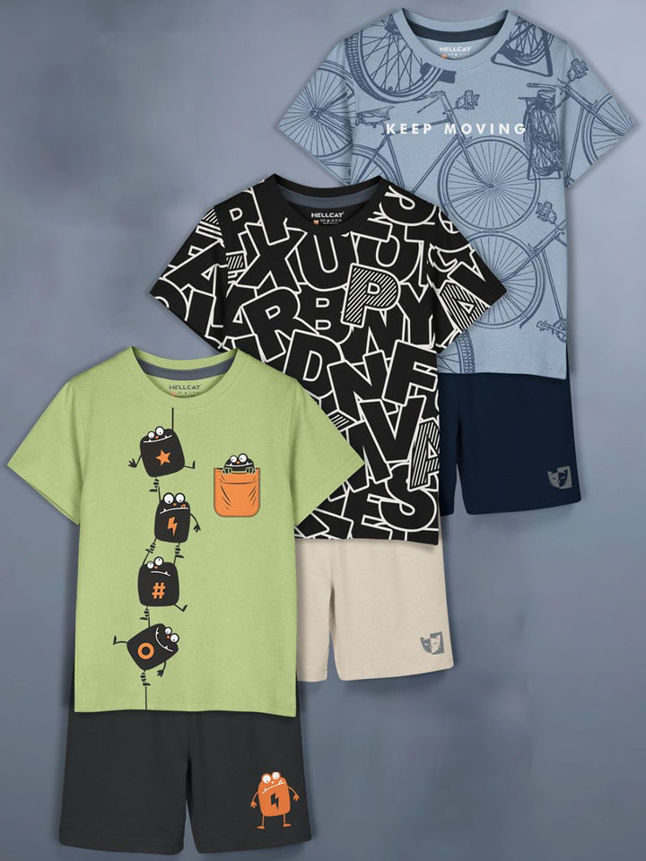 HELLCAT Girls Pack of 3 Printed Round Neck T-Shirts With Shorts