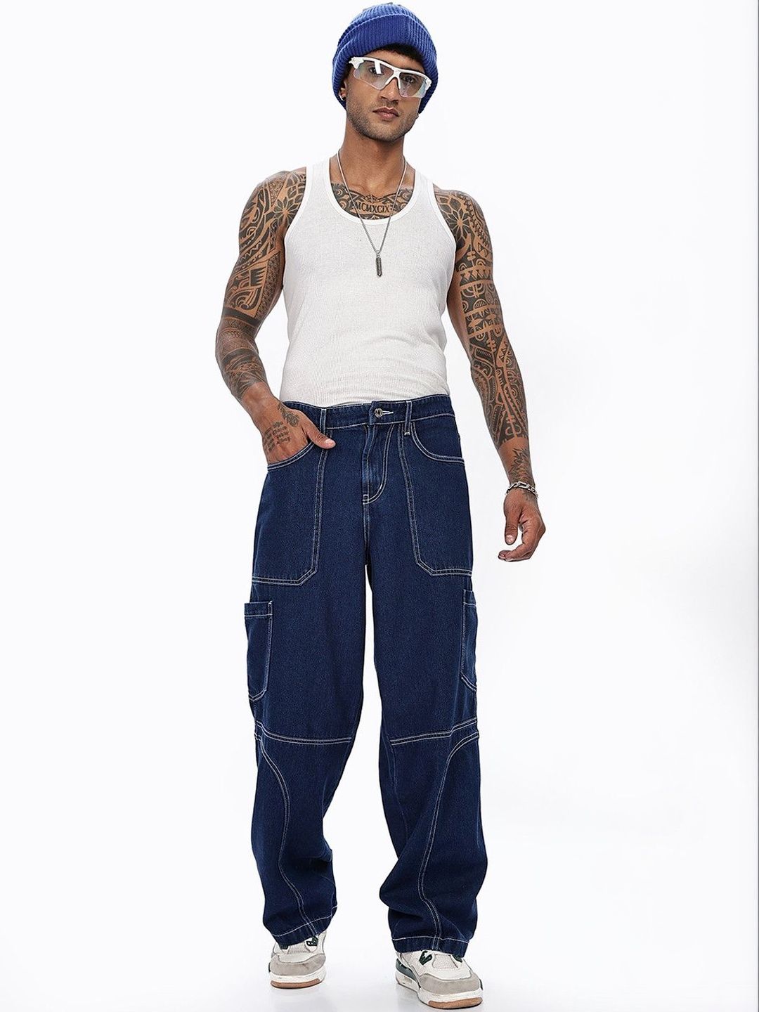 Eszett Lelaki Blue Baggy Fit Mid-Rise Gaya Kargo Jeans