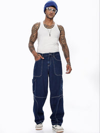 Eszett Lelaki Blue Baggy Fit Mid-Rise Gaya Kargo Jeans