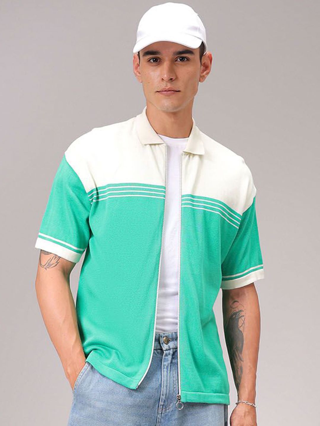 The Indian Garage Co Men Relaxed Fit Striped Flat Knit Polo Resortwear Shirt