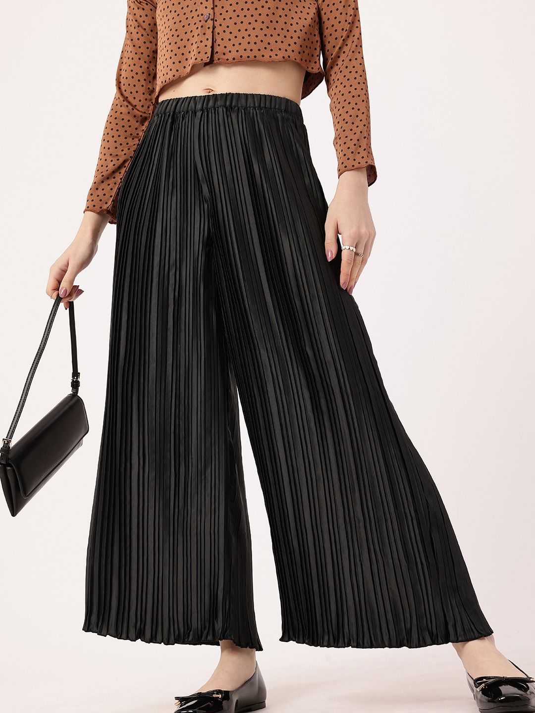 DressBerry Women Luxurious Layers Accordion Pleated Satin Finish Wide Leg Trousers