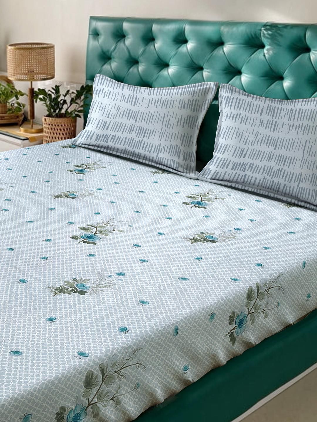 KLOTTHE Kelabu & Hijau Kapas Bercetak Bunga 400 TC Set Cadar King 2.5 m x 2.25 m
