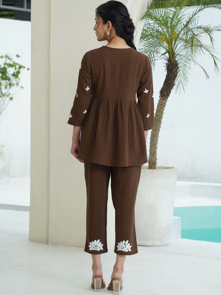 House of Chikankari Brown 2 Keping Cotton Solid Tunic dengan Set Co-Ord Seluar