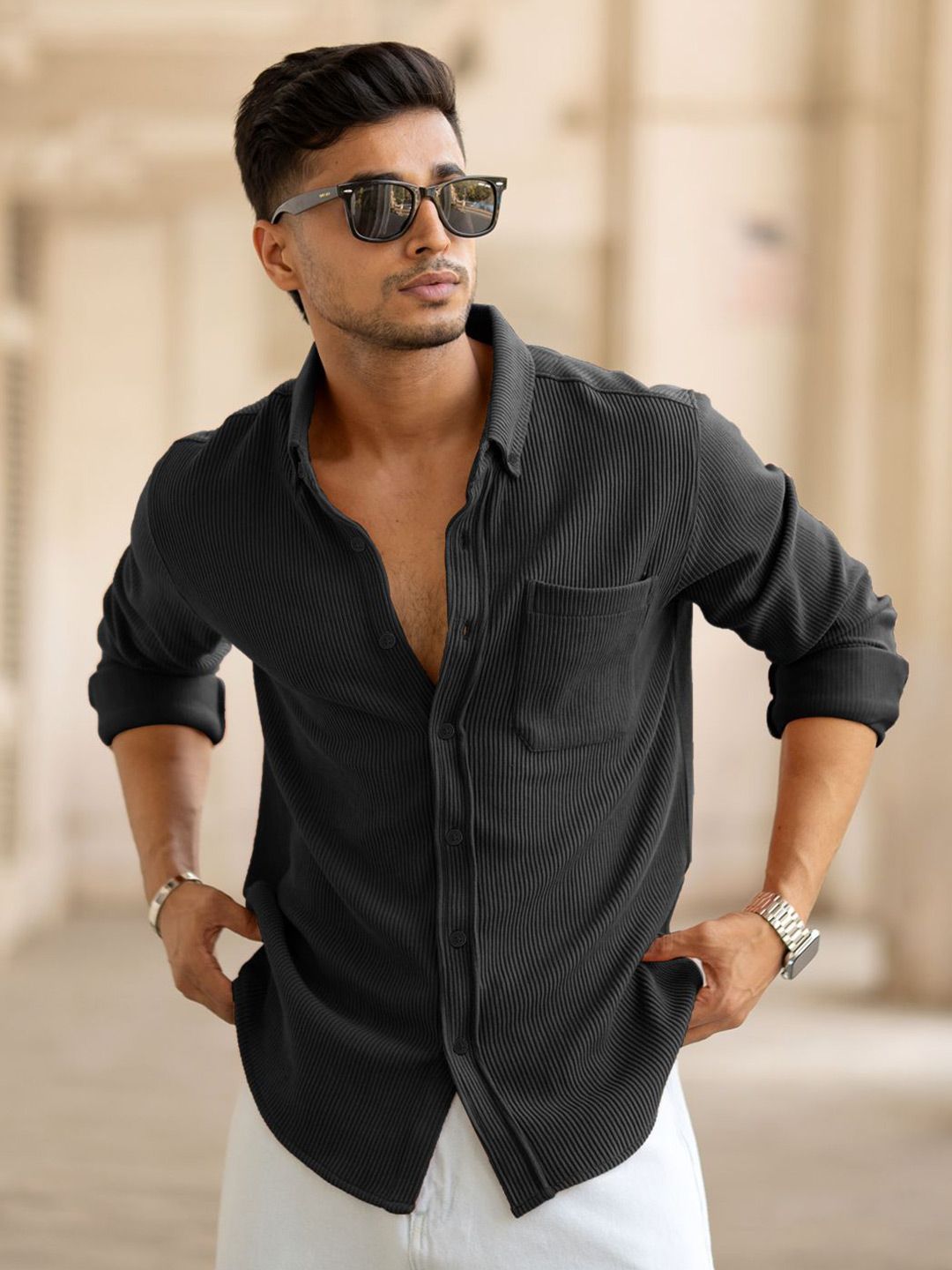 Powerlook Men Spread Collar Textured Cotton Casual Shirt