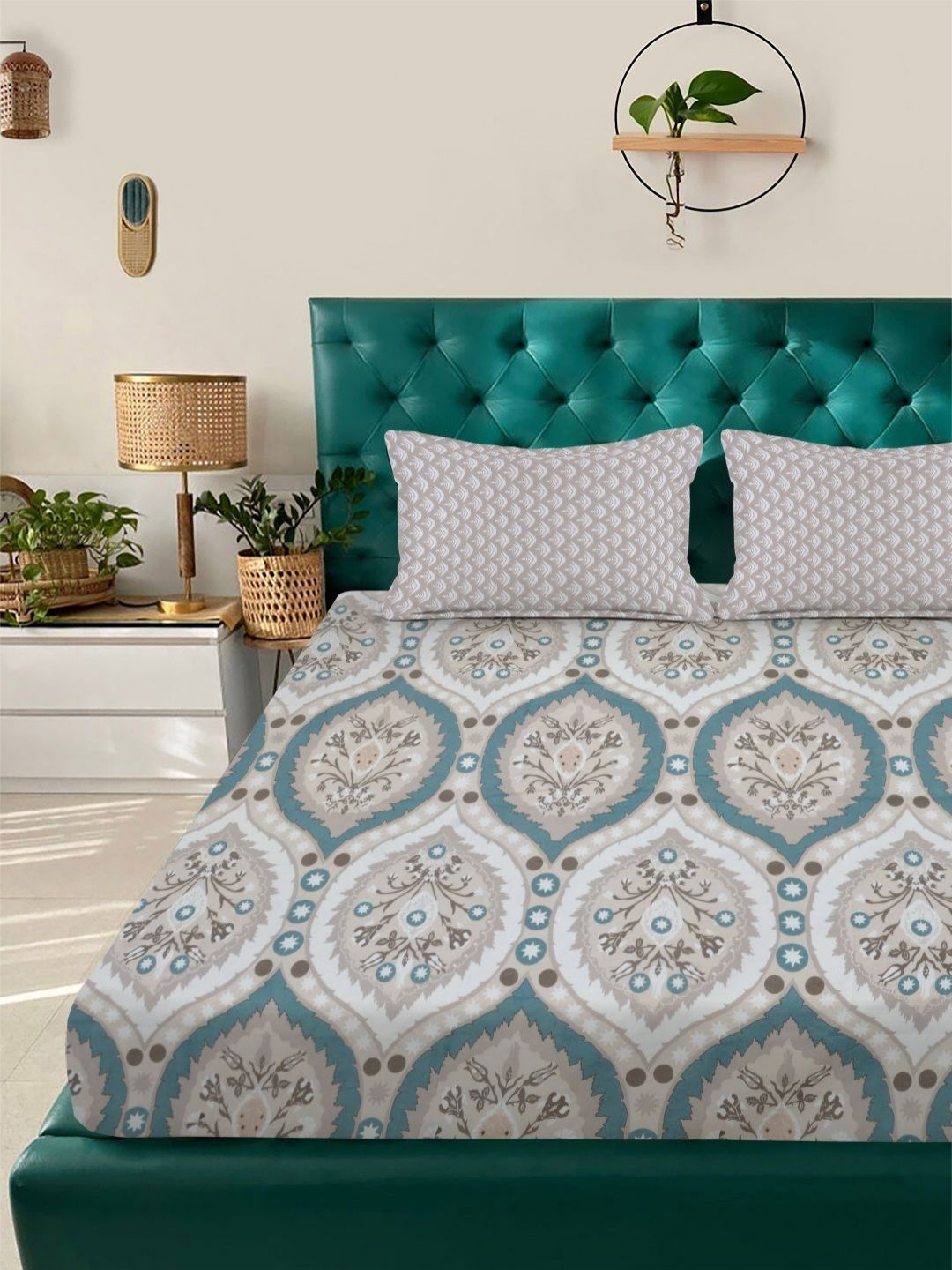 Aura Grey & Teal Floral Printed 300 TC Double King Bedsheet Set 2.50 m x 2.25 m