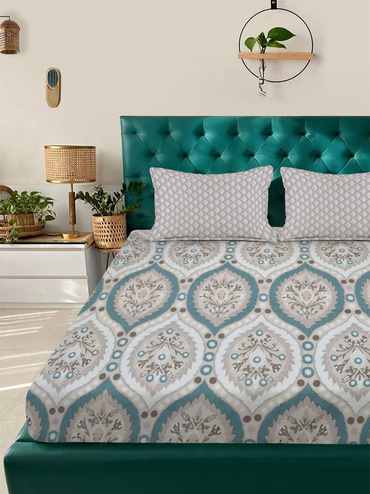 Aura Grey & Teal Floral Printed 300 TC Double King Bedsheet Set 2.50 m x 2.25 m