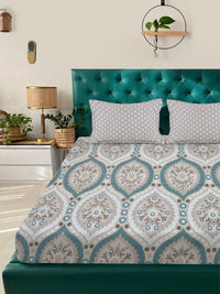 Aura Grey & Teal Floral Printed 300 TC Double King Bedsheet Set 2.50 m x 2.25 m