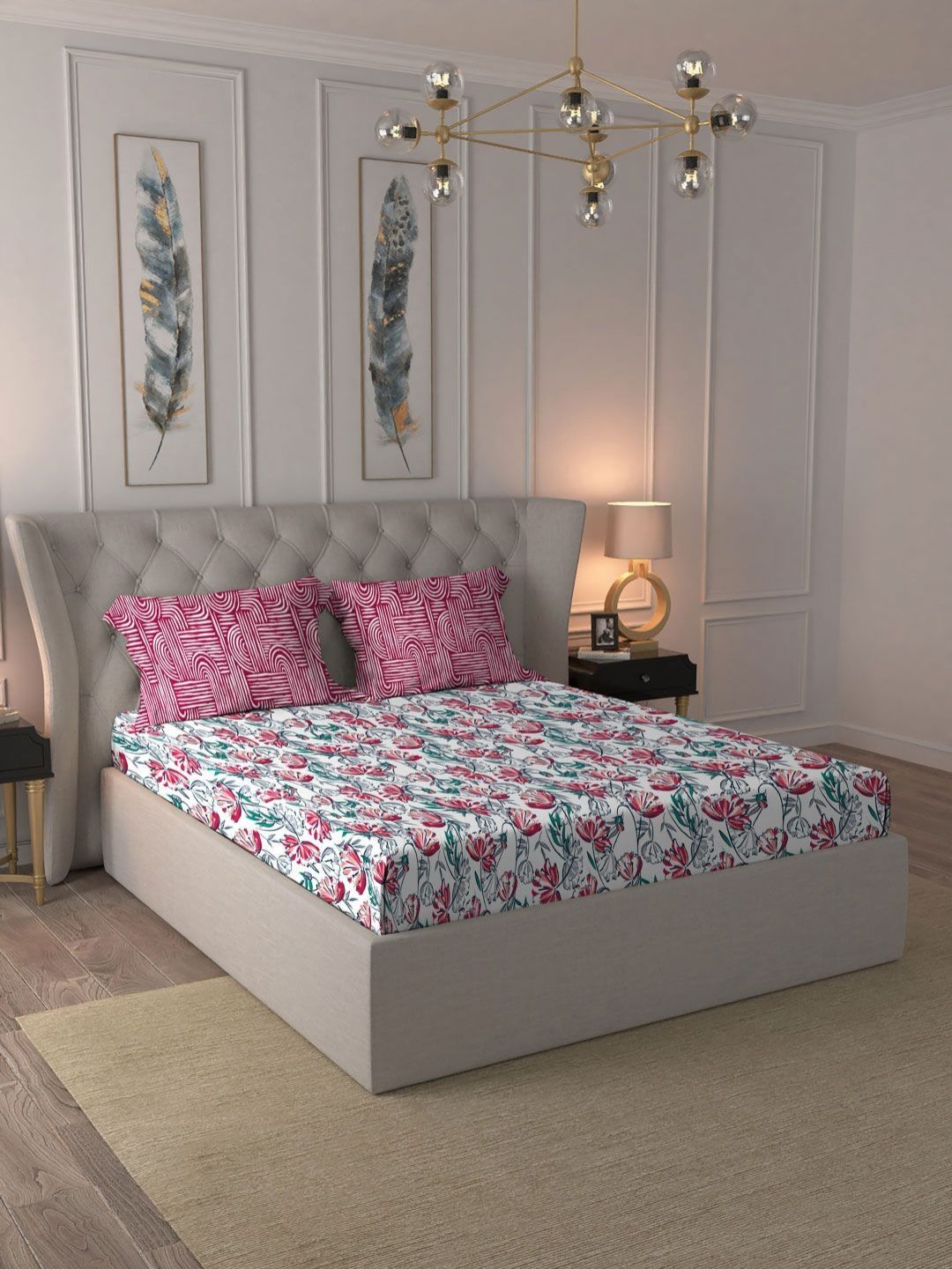 MYTRIDENT Ivy Pink Moments Flat 120TC Queen Pure Cotton 1 Bedsheet with 2 Pillow Covers