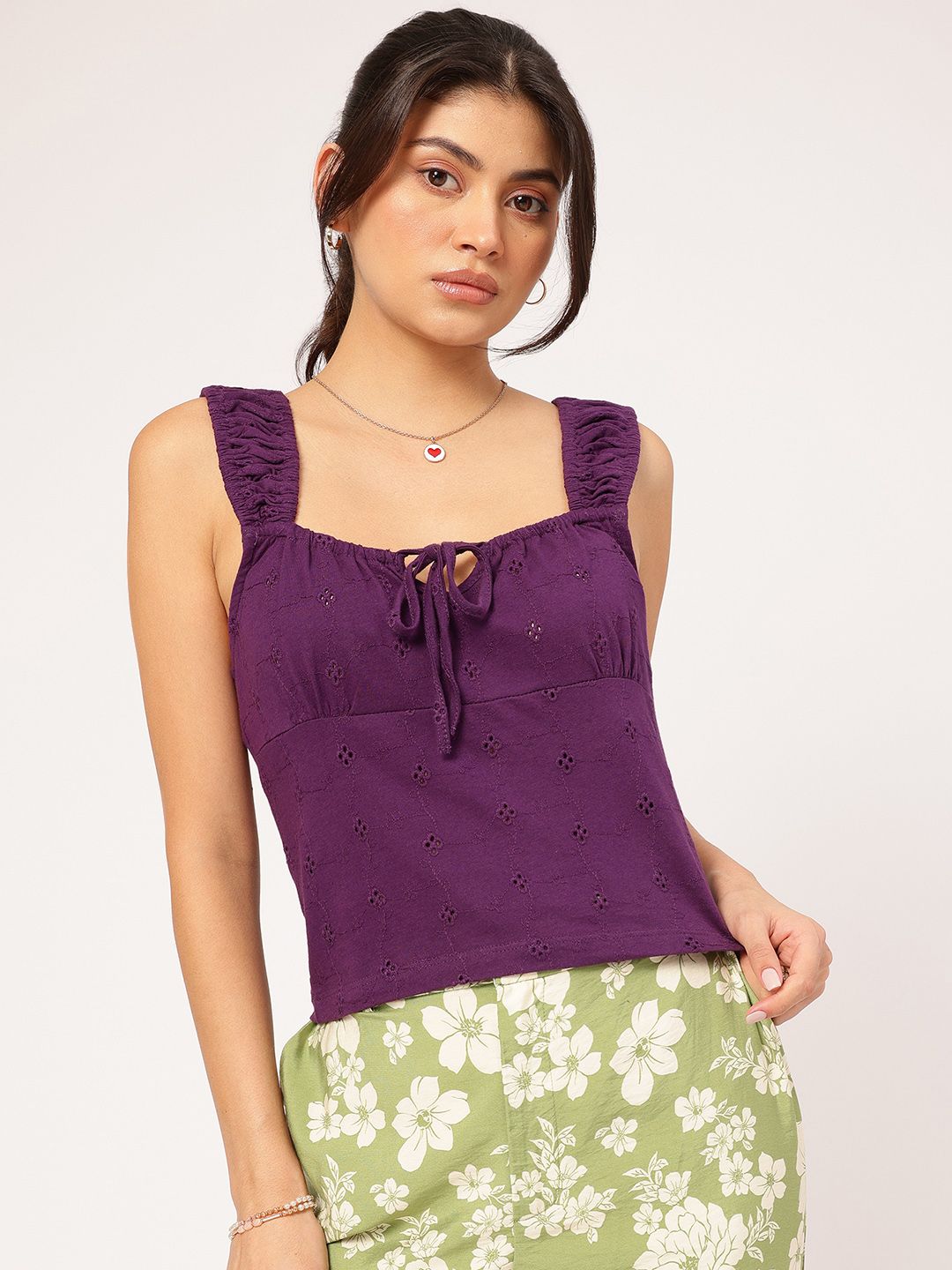DressBerry Schiffli Love Embroidered Tie-Up Top