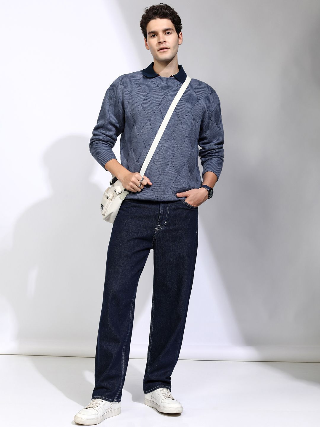 HIGHLANDER Men Open Knit Self Design Pullover