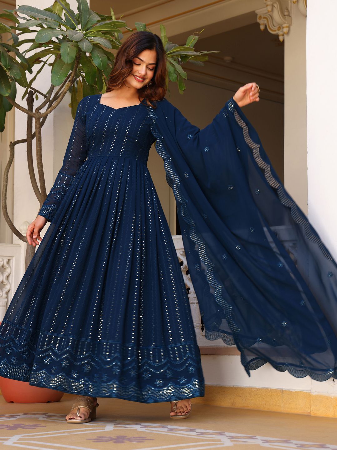 KALINI Geometric Embroidered Sweetheart Neck Anarkali Kurta With Pyjamas & Dupatta