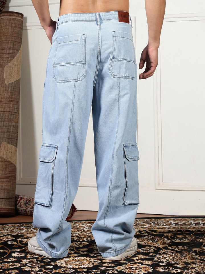 Eszett Men Blue Comfort High-Rise Longgar Cotton Cargos Seluar